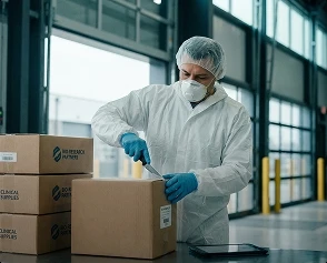 Сотрудник склада упаковывает продукцию